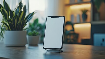 Wall Mural - a smartphone mockup with a blank screen propped up on a stand in a tech-savvy home office setup