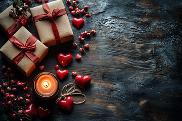 Wall Mural - Close-up of red ribbon-wrapped gift boxes and heart-shaped ornaments arranged on a rustic table with warm Valentine’s Day lighting.