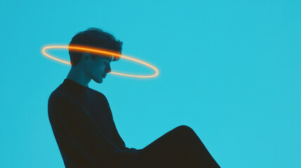 Wall Mural - Negative Thought Cycles, A silhouette of a person in profile against a bright blue background, featuring a glowing halo effect above their head.