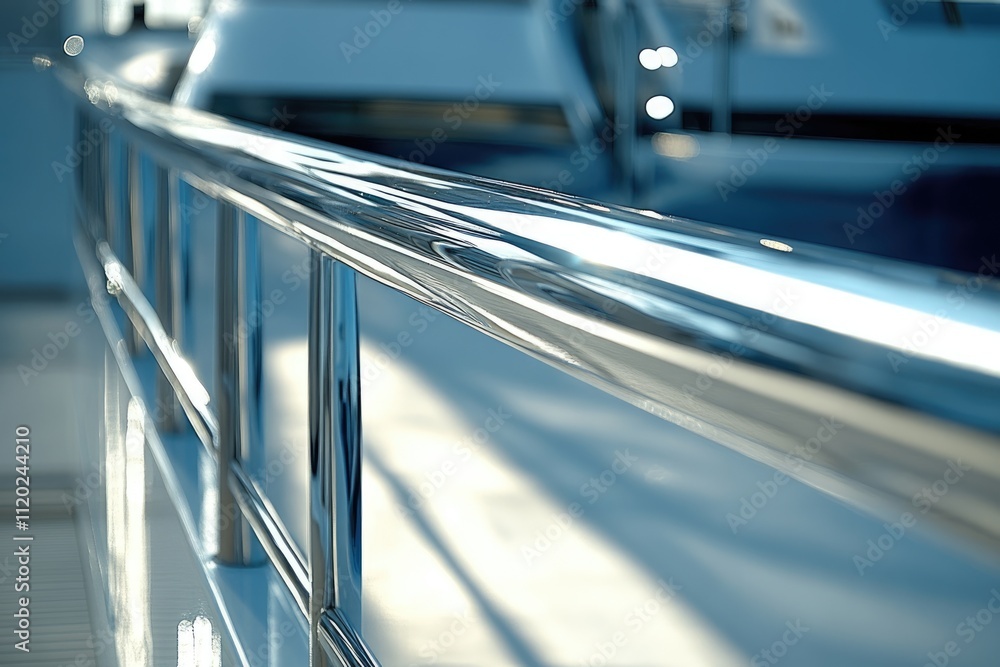 Yacht Inner Railing Polished chrome railing on a luxury yacht, reflecting light and sea ...