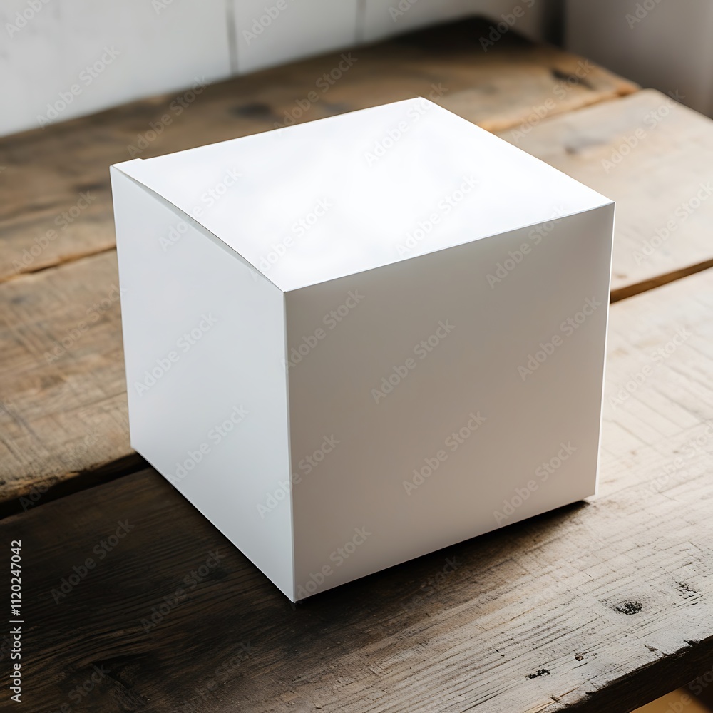 blank square product box placed on a rustic wooden table, ready for ...