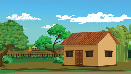 Wall Mural - Village landscape with mud house with tiles roof.