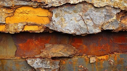 Wall Mural - A close-up of layered, weathered rock showing various textures and colors of rust and mineral deposits.