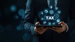 © Thanaporn - A realistic businessman in a suit holding a tablet with the word 'TAX' and icons representing growth and finance, a concept for online business.