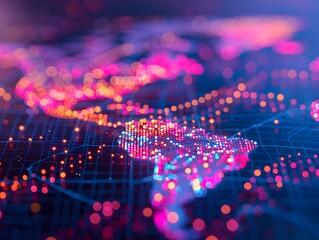 Poster - Vibrant Abstract Digital Map with Colorful Data Points Representing Global Connectivity and Network Communication Trends Over a Dark Background