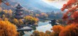 © Vergiliy - Autumn landscape with pagoda, lake, and colorful trees, copy space for text
