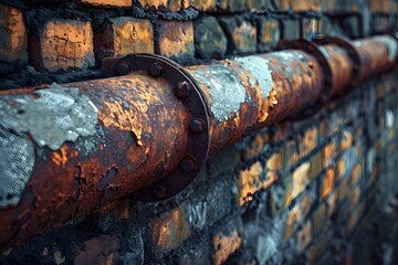 Canvas Print - Rusty Pipe Against a Weathered Brick Wall