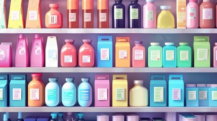 Wall Mural - Colorful bottles and packages on shelves in a store.