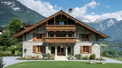 Wall Mural - Historic Stone Alpine Chalet with Mountain Lake Views, Traditional St. Moritz Estate with Carved Details