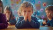 © Elena - Child sneezing in classroom surrounded by colorful virus particles