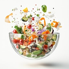 Canvas Print - A creative 3D illustration of a transparent bowl filled with fresh salad ingredients including tomatoes, cucumbers, carrots, feta, basil, and cabbage, with floating elements and spices