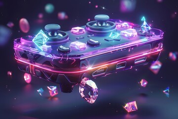 Poster - Futuristic Gaming Controller Surrounded by Glowing Gems and Crystals