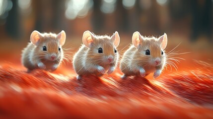 Poster - A group of three small hamsters running across a red carpet