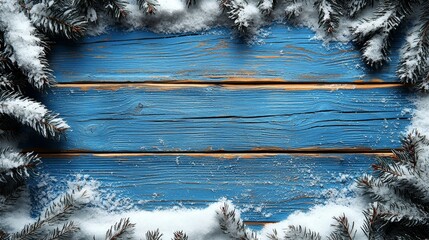 Poster - A blue wooden background with snow covered pine branches