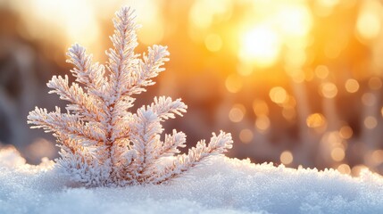 Poster - A small pine tree covered in snow in front of a sunset