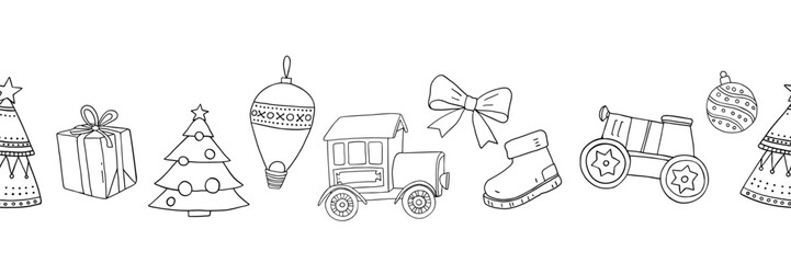 Wall Mural - Vector seamless stripe with contour doodle elements Cristmas tree, cars, bow, gift