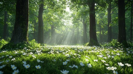 Poster - A field of white flowers in the middle of a forest