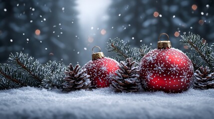 Poster - A couple of red christmas ornaments sitting on top of a snow covered ground