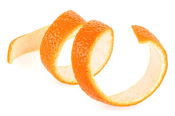 Wall Mural - Swirly peel of fresh orange fruit isolated on a white background. Orange zest, citron.