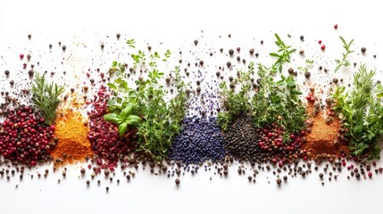 Poster - A variety of spices are arranged in a row on a white surface