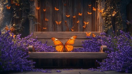 Sticker - A wooden bench surrounded by purple flowers and butterflies