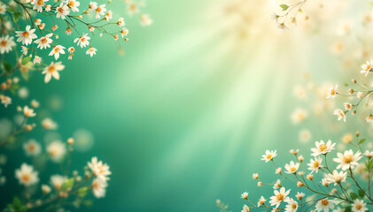 Wall Mural - White flowers on a blurred green background with sunlight rays.