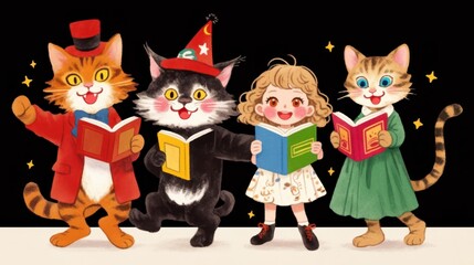 Naklejka na meble Kids Enjoying Puppet Theaters with Three Cats and a Girl Reading Books Creative Fun, Modern Playtime, Digital Storytelling, and Joyful Learning