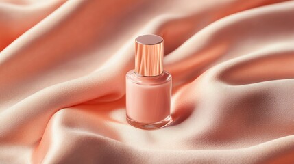 Wall Mural - nail polish bottle in soft peach color resting on a velvet fabric background, giving a luxurious fee