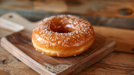 Wall Mural - delicious glazed donut on wooden cutting board