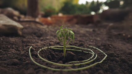 A young green sprout emerging from dark soil, symbolizing new beginnings and growth, with a blurred natural background.