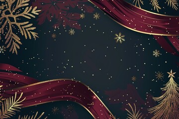 Wall Mural - A black background with a red ribbon and gold snowflakes