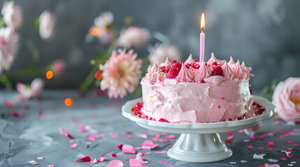 Wall Mural - delicious pink birthday cake with candle on cake stand near paper flowers isolated on grey