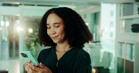 Poster - App, phone and smile with business woman in office for communication, planning or text message. Contact, development and typing with happy design employee in creative workplace for mobile update