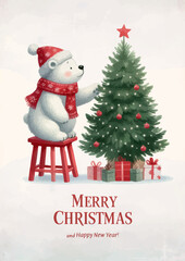 Wall Mural - Cute watercolor illustration of a funny northern polar bear with Christmas tree.