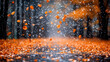 © PuriStudio - serene autumn scene with orange leaves falling gently in rain, creating peaceful atmosphere. blurred background enhances beauty of nature transition