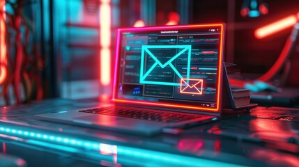 Futuristic Laptop with Holographic Email Interface in Neon-Lit High-Tech Office