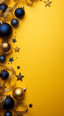 Wall Mural - bright yellow christmas background with blue ornaments and twinkling stars