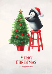 Wall Mural - Cute watercolor illustration of a funny penguin with Christmas tree.