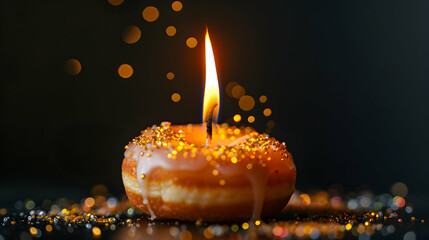 Wall Mural - burning candle in middle of glazed doughnut with golden sparkles on white table isolated on black