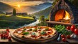 © Hencer Oliva - Pizza recién salida del horno en mesa rústica con montañas azules al amanecer de fondo