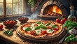 © Hencer Oliva - Pizza recién salida del horno de leña en mesa rústica, cocina acogedora de fondo