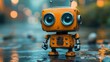 © Prostock-studio - A charming vintage robot toy stands on a rain-soaked surface, surrounded by a blurred urban backdrop filled with colorful lights at twilight. A sense of nostalgia fills the air.