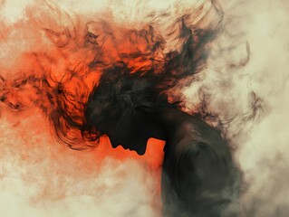 Poster - Ethereal Portrait of a Person with Flowing Hair Silhouetted Against a Dramatic Background of Smoke and Vibrant Red Tones Creating a Surreal Atmosphere