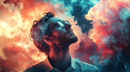 Canvas Print - Man surrounded by vivid smoke in a surreal atmosphere