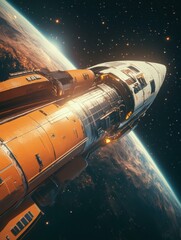 Wall Mural - spaceship orbiting a planet. ai.