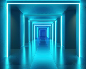 Canvas Print - Neon lights illuminate a futuristic corridor. AI.