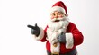 © Your Stock Studio - Smiling Santa Claus pointing at empty Blank advertising banner background with copy space. Wearing white gloves and , against a blurred background