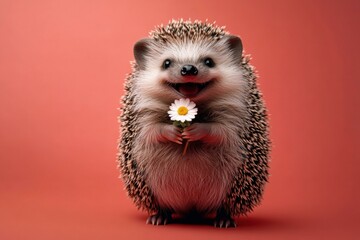 Wall Mural - Happy hedgehog holding a flower. AI.