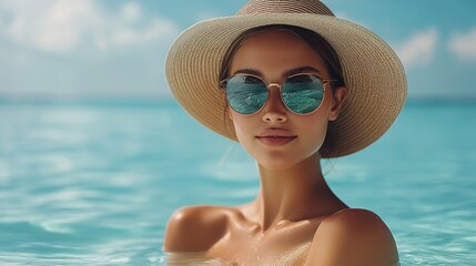 Enjoying a summer day by the beautiful Sardinia sea with a stylish hat and reflective sunglasses