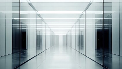  Modern glass corridor with bright lighting and dark doors.